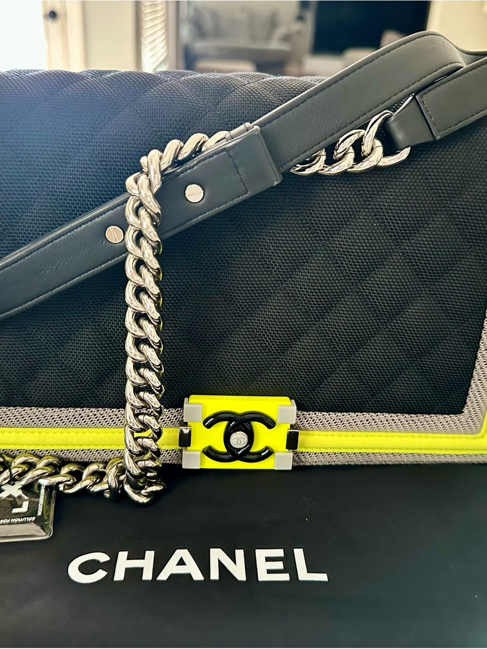 Chanel Fluo Medium Boy Bag - Black Nylon with Neon Yellow/Green Trim (SS16)